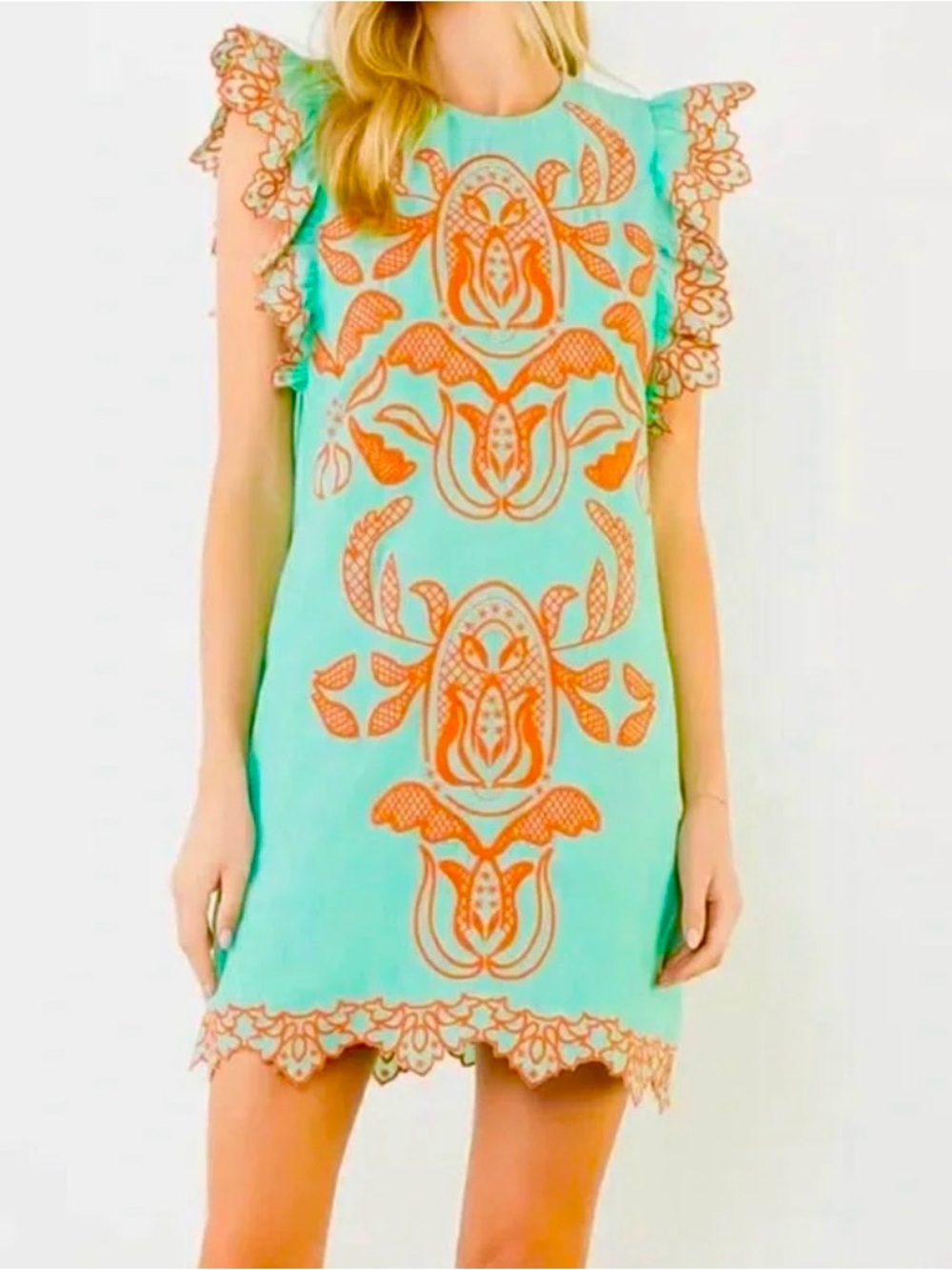Anthropologie THML Lennox Aqua Shift Dress Orange Embroidery NWOT XS